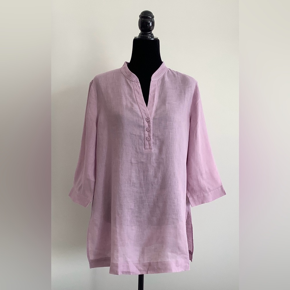 British India 100% Linen Split Neck Tunic in Lilac